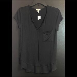 Bordeaux Anthropologie Black V-Neck Short Sleeve Top with Chest Pocket